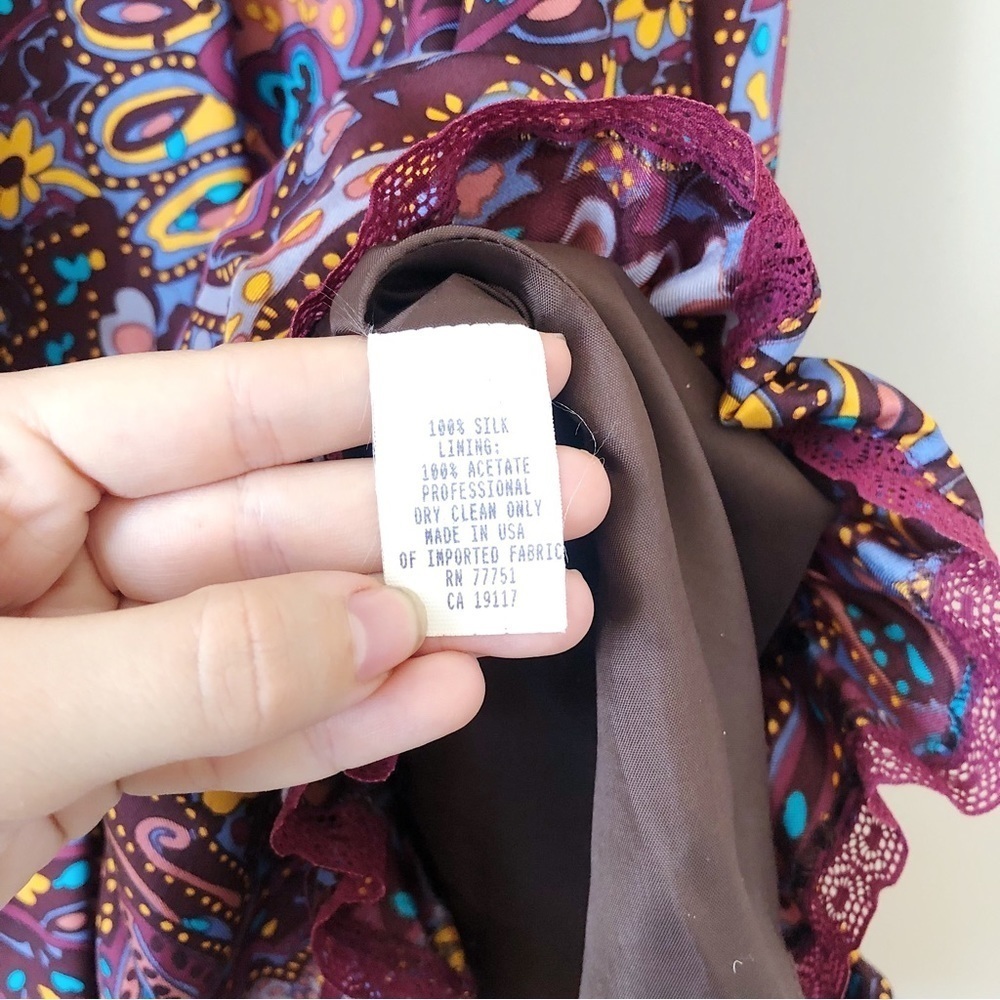 Betsey Johnson • vintage silk dress paisley midi retro 70s colorful lace peasant - Picture 7 of 11